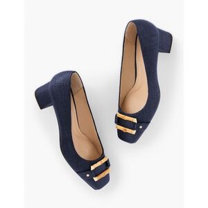 Talbots CARLYE BAMBOO BUCKLE LINEN PUMPS SZ 7 SHIMMER RAFFIA INDIGO BLUE NWOB